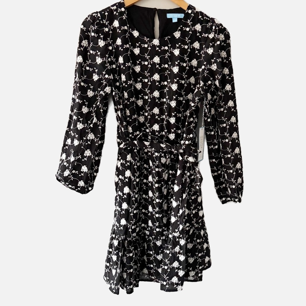 NWT Draper James Embroidered Long Sleeve Short Dress Black & White Floral Small